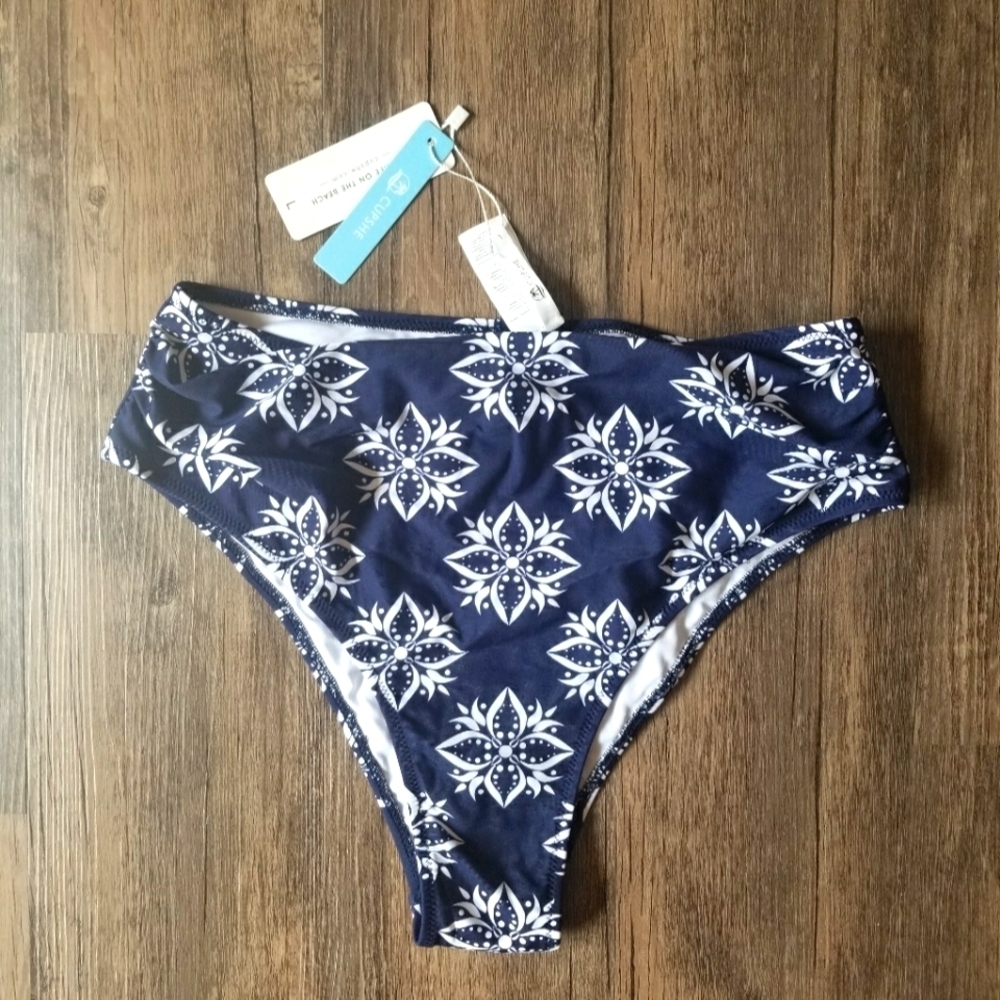 ☀️ NWT Cupshe Navy Floral High Waisted Swim Bikini Bottoms